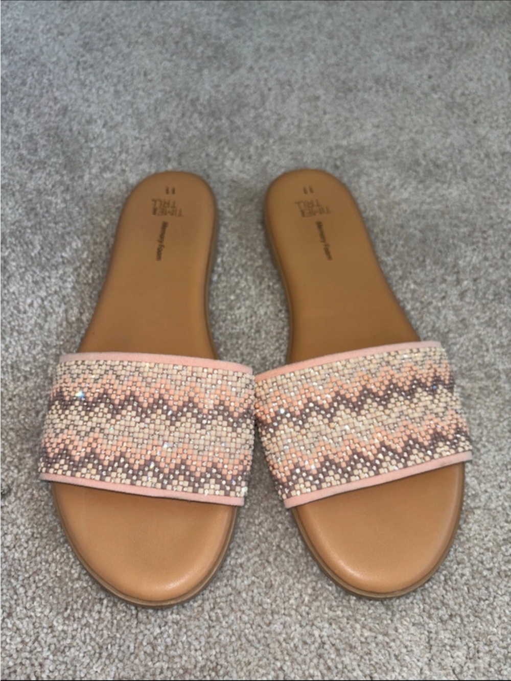 Time and Tru Pink Beaded Slide Sandals with Memory Foam Footbed